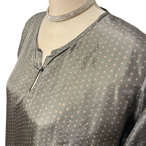 MAIWA Top Blouse Silk Tunic Size Small Green Taupe Polka Dots - Picture 3 of 9